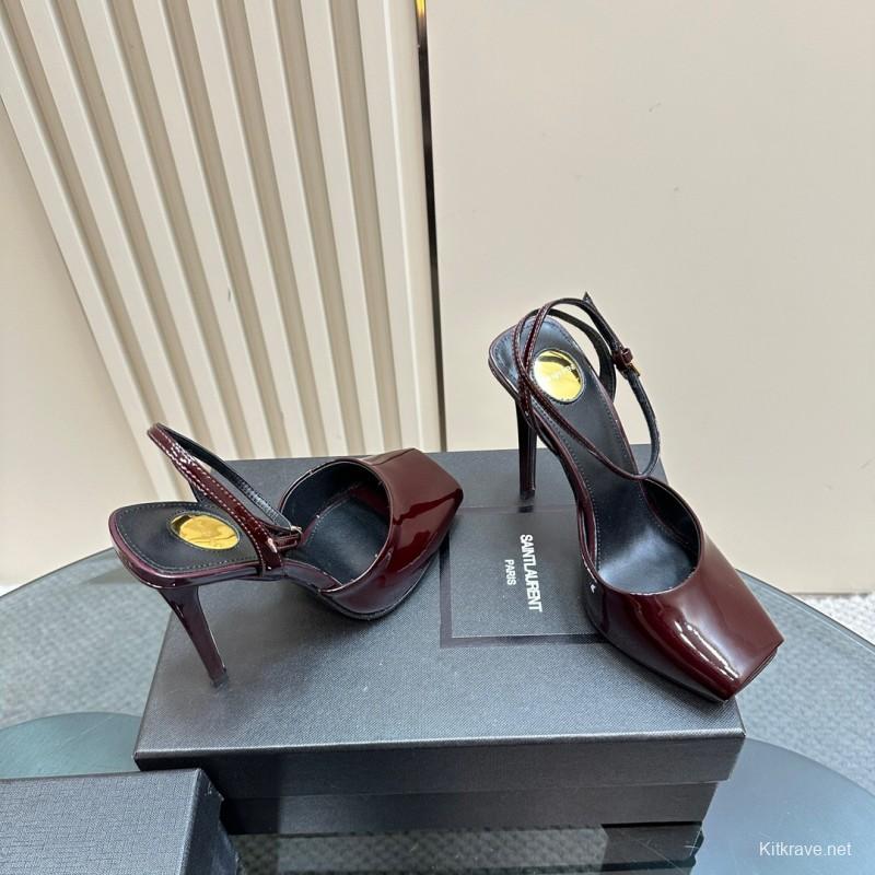 2025 Women Yves Saint Laurent Burgundy Patent Leather Slingback Heels