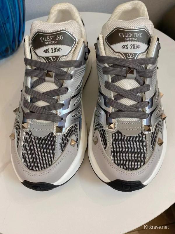 2024 Unisex Valentino White Black Grey Mesh Leather Sneakers MJ00410