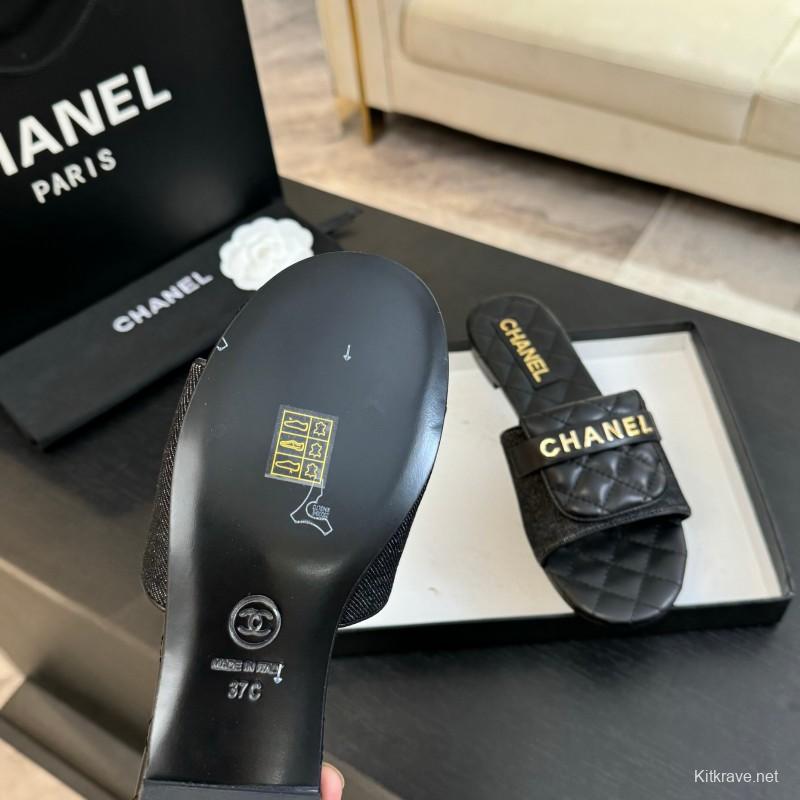 2025 Women Chanel Black Leather Slippers