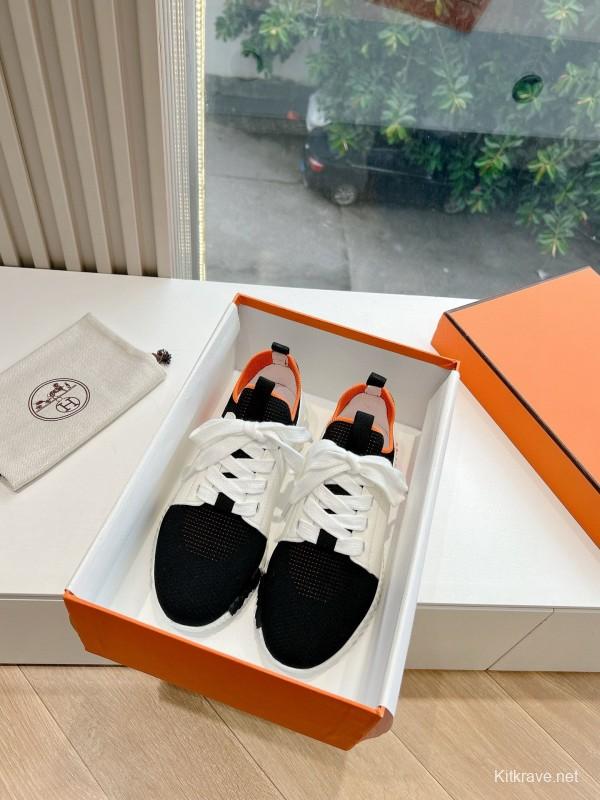 2024 Unisex Hermès Black White Orange Calfskin Suede Knitted Sneakers MJ00290