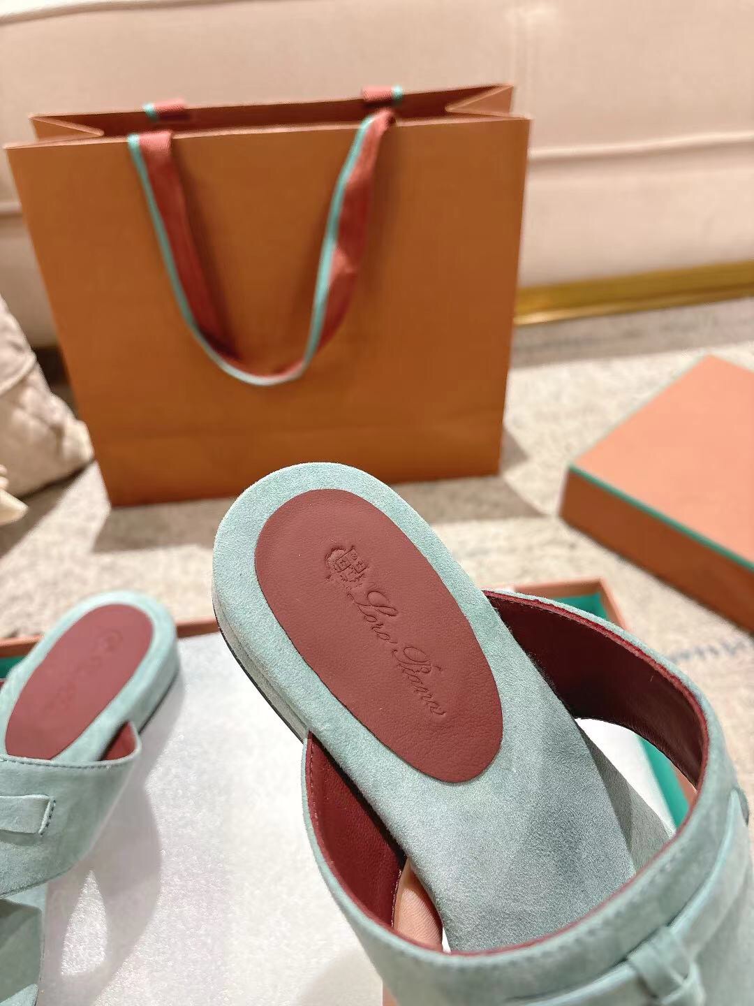 2025 Women Le Parmentier Mint Suede Slippers LY00250
