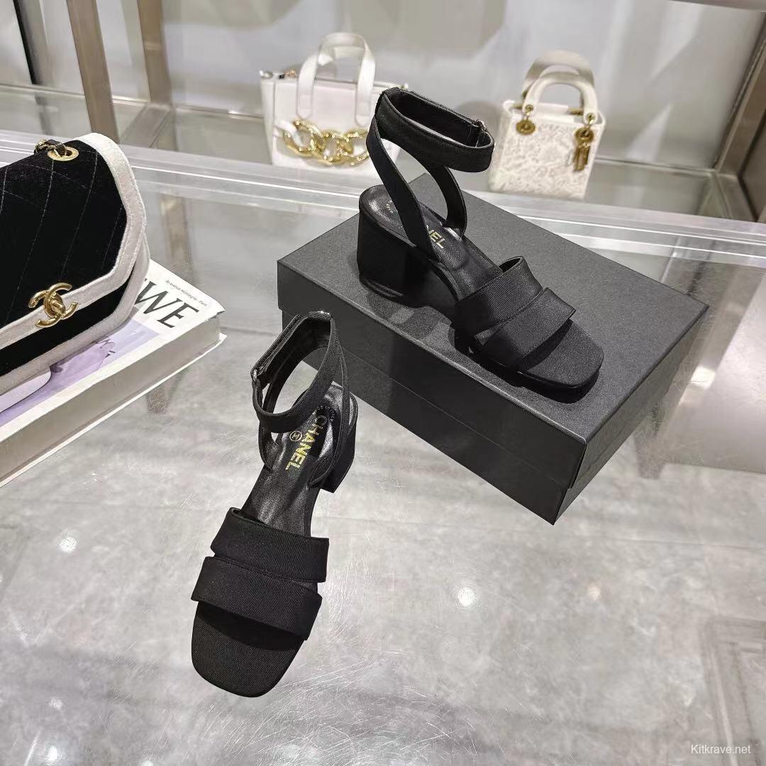 2025 Women Chanel Black Fabric Leather Sandals LY00280