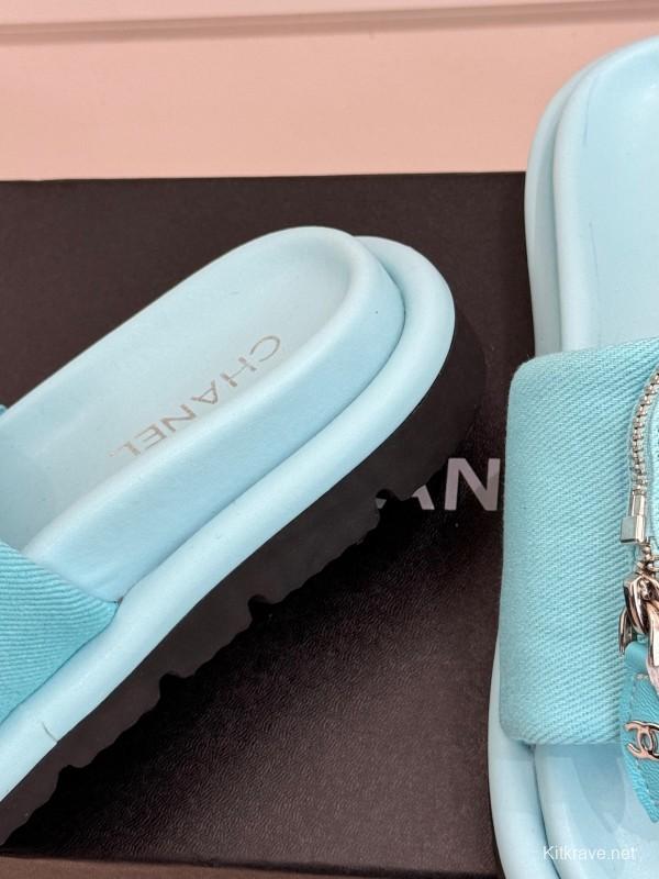 2025 Slippers Chanel Blue Fabric Slippers KFY00220