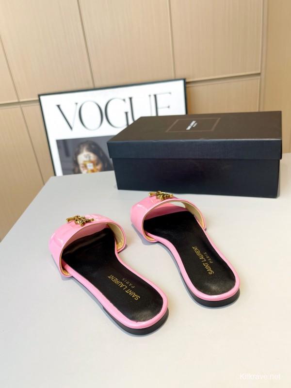 2025 Women Yves Saint Laurent Pink Patent Leather Slippers