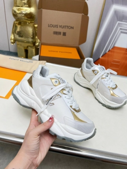 2025 Women Louis Vuitton White Gold Leather Mesh Sneakers LY00340