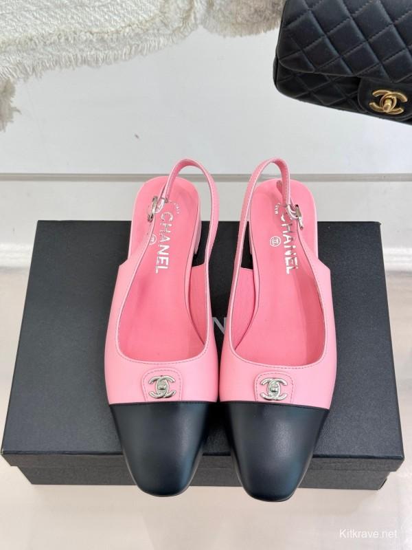 2025 Women Chanel Pink Black Leather Slingback Low Heel KFY00280