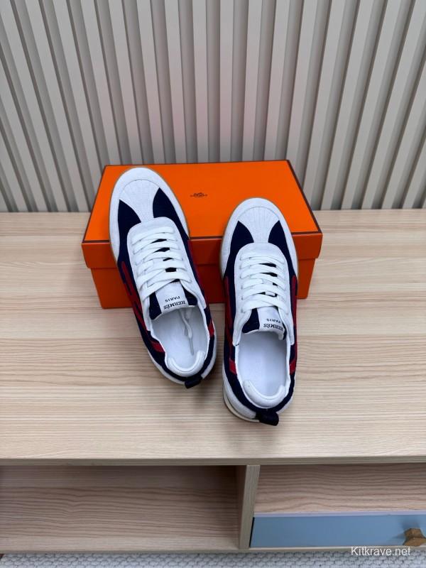 2025 Unisex Hermès White Navy Red Suede Down Fabric Sneakers Top Version LY00310