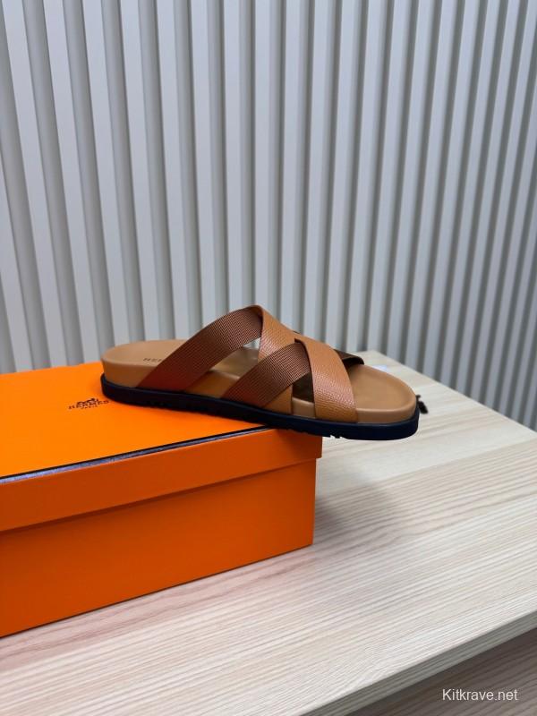 2025 Men Hermès Brown Leather Slippers