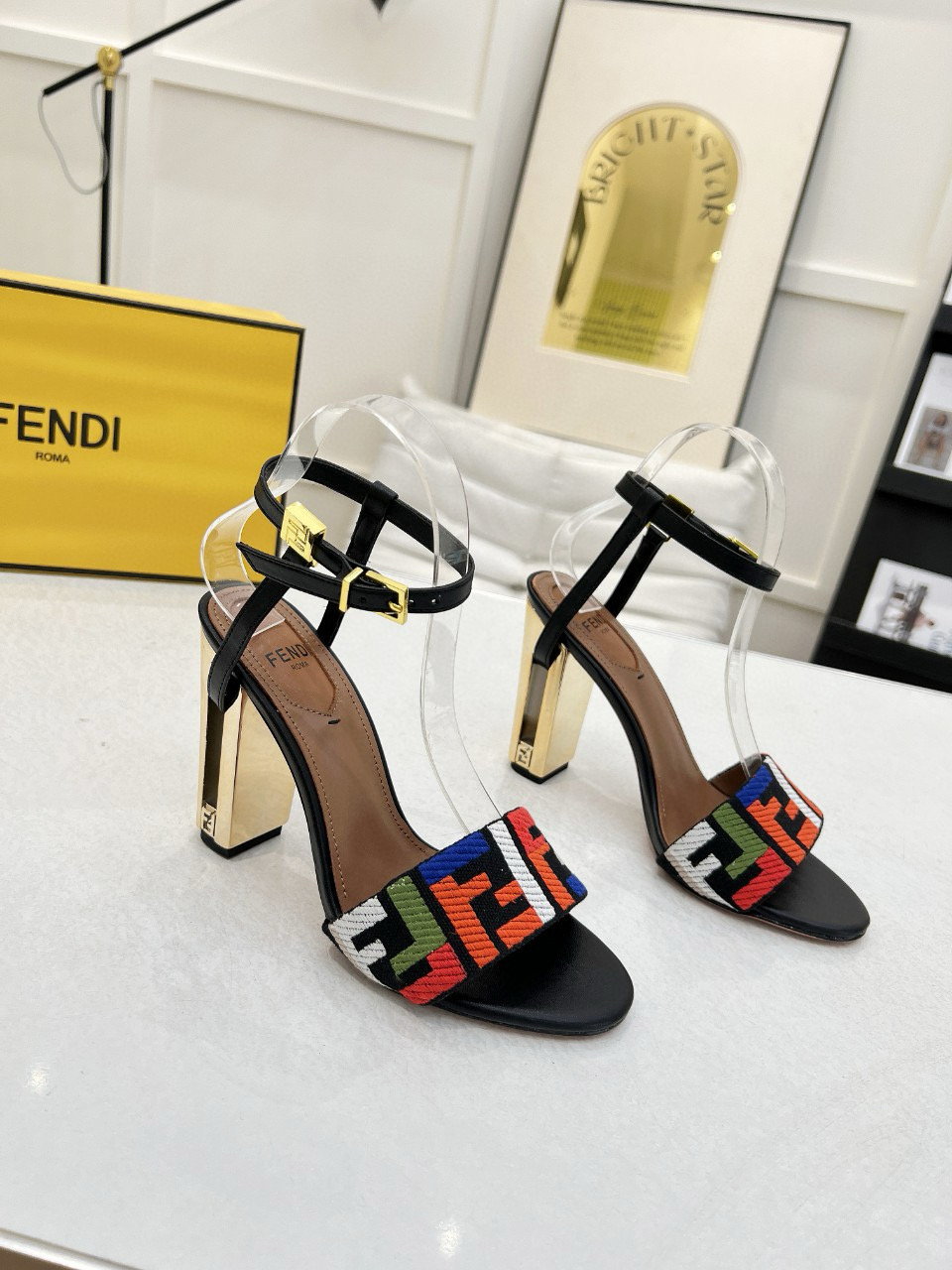 2025 Women Fendi Black Multicolor Leather Suede Sandals MJ00280