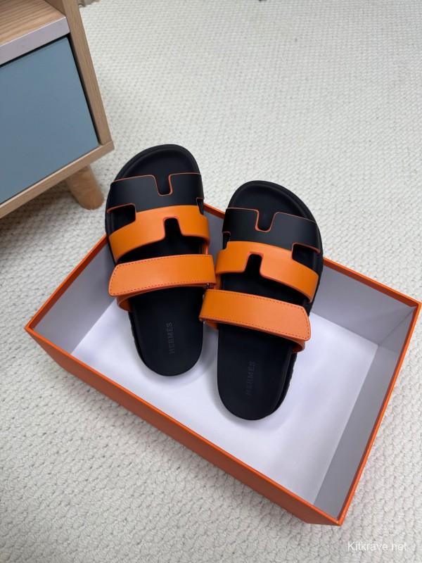 2025 Women Hermès Orange Black Leather Slippers