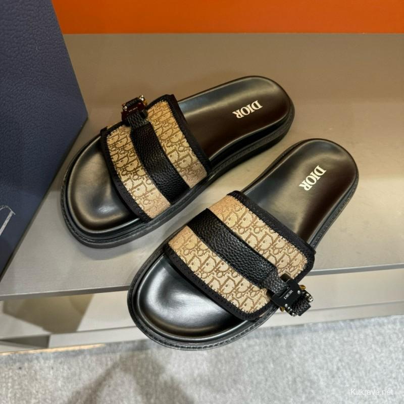 2024 Slippers Dior Beige Black Leather Canvas Slippers