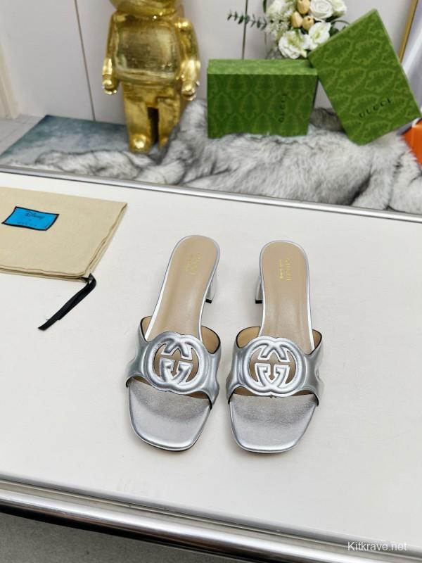 2025 Gucci Silver Leather Slippers MJ00190