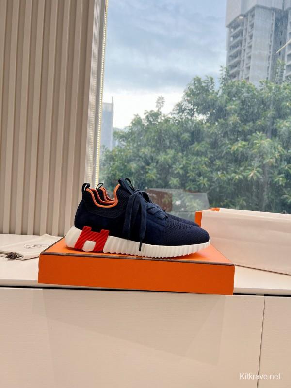 2024 Unisex Hermès爱马仕 Navy Orange White Knit Leather Sneakers MJ00290