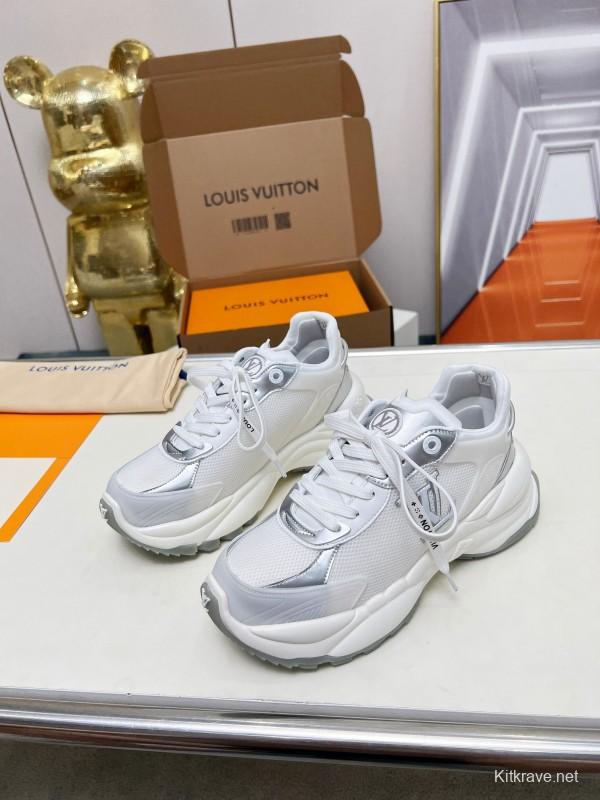 2025 Women Louis Vuitton White Grey Mesh Leather Sneakers LY00340