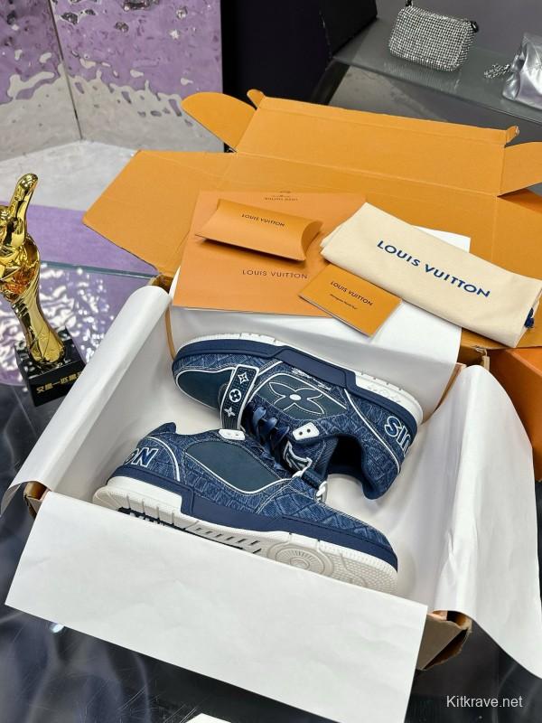 2024 Men Louis Vuitton Blue Denim Calfskin Silk Plimsolls Washed MJ00410