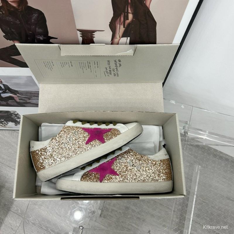 2025 Women GGDB White Gold Pink Glitter Leather Sneakers