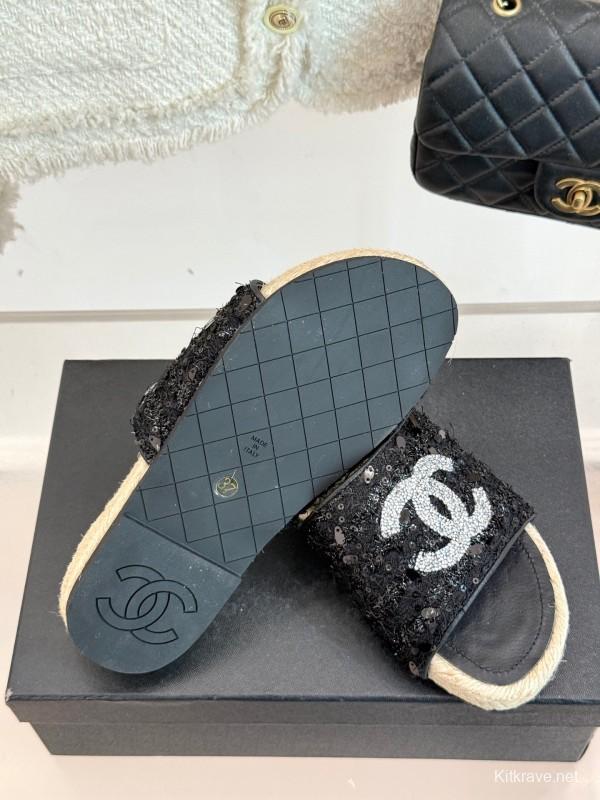 2025 Women Chanel Black Sequin Espadrille Slides Classic Double C Logo Handmade Braided Sole KFY00240(F)