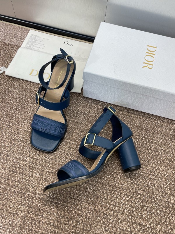 2025 Women Dior Navy Blue Leather Sandals Ankle Strap KFY00310