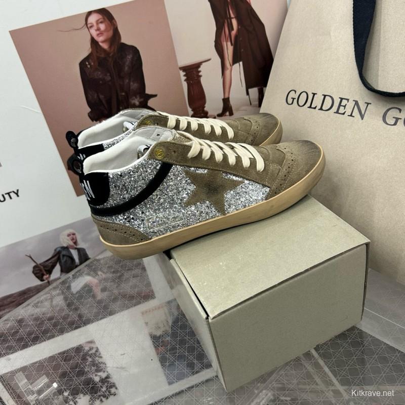 2024 Unisex Golden Goose Deluxe Brand Grey Silver Glitter Suede Leather High-Top Sneakers MJ00300