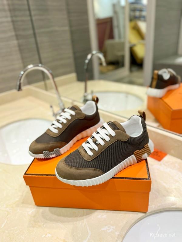 2024 Unisex Hermès Brown Khaki Mesh Suede Sneakers