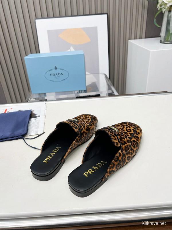 2025 Women Prada Leopard Calf Hair Slippers LY00260