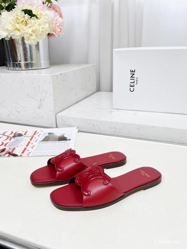 2025 Women CELINE Red Leather Slippers
