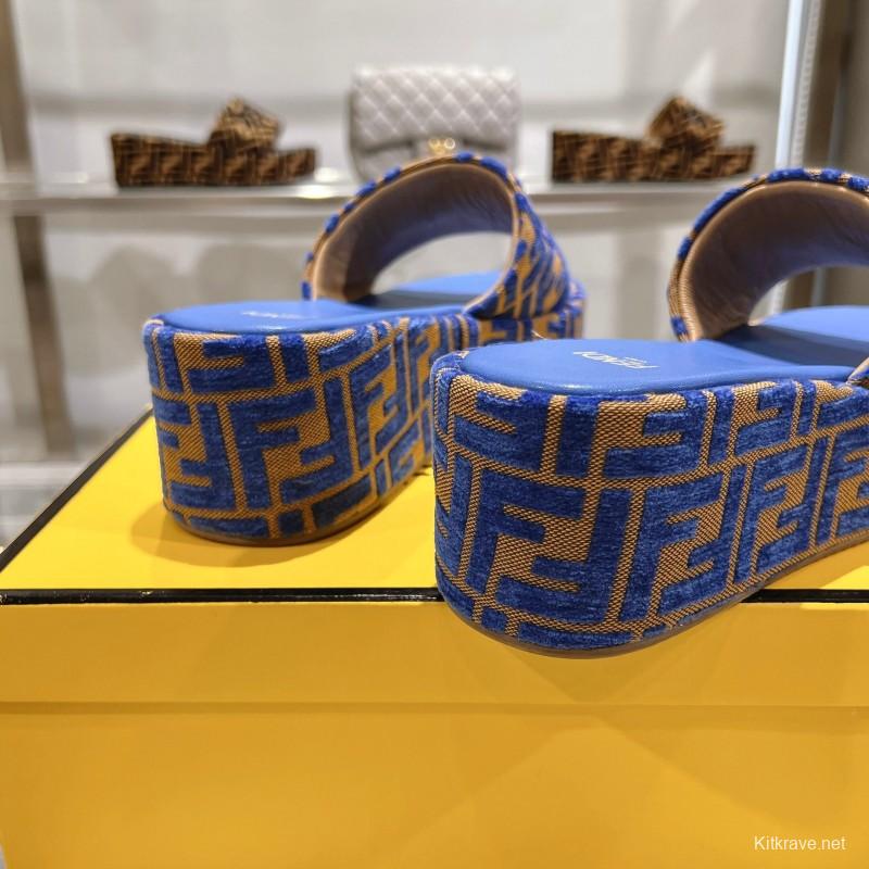 2025 Slippers Fendi Blue Brown Fabric FF Jacquard Platform
