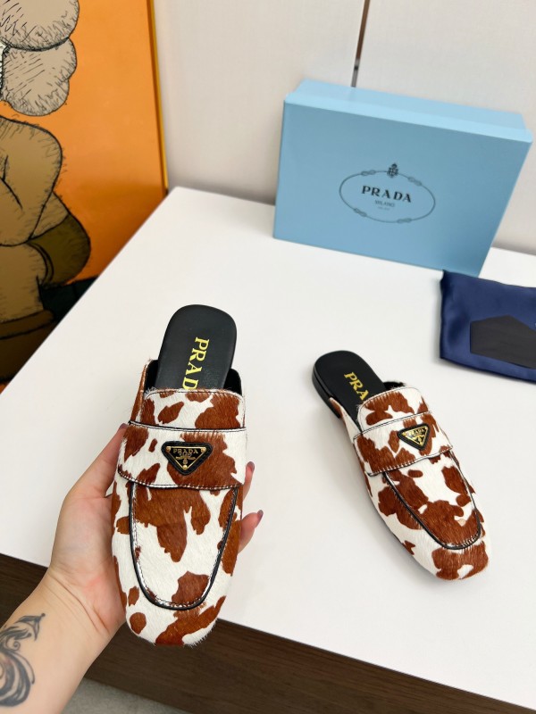 2025 Women Prada Brown White Calf Hair Leather Slippers LY00260