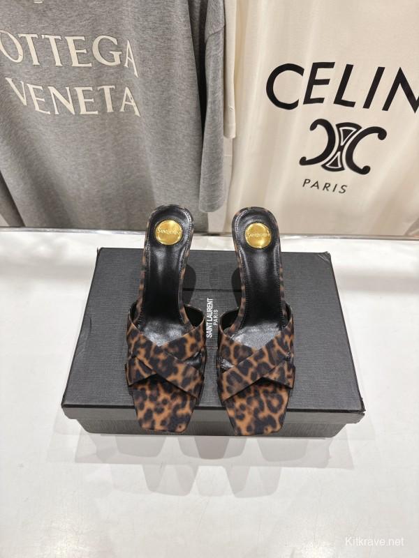 2025 Women Yves Saint Laurent Leopard Print Leather High Heel Sandals