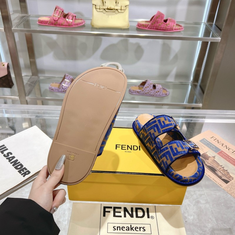 2025 Slippers Fendi Blue Brown Jacquard Buckle KFY00250