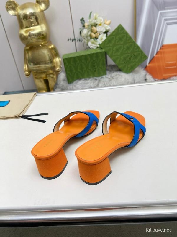 2025 Gucci Orange Blue Leather Slippers