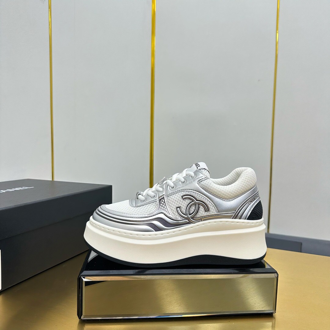 2025 Women Chanel White Silver Leather Mesh Sneakers