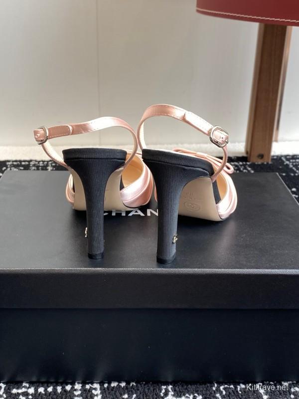 2025 Women Chanel Pink Black Satin Leather Slingback Heels KFY00289