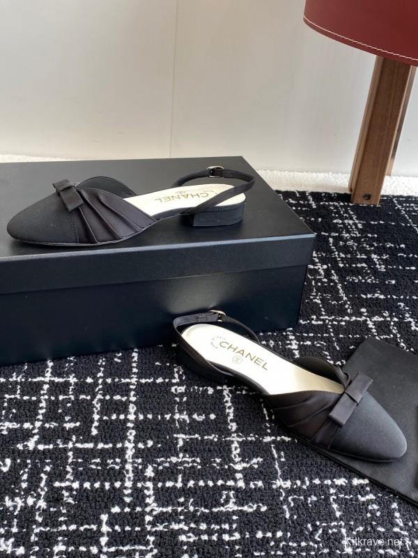 2025 Women Chanel Black Satin Silk Leather Sandals Bow KFY00289