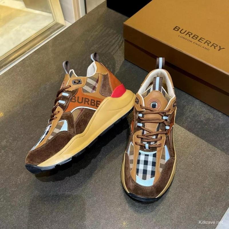 2025 Unisex Burberry Brown Beige Suede Leather Mesh Sneakers Checked Pattern MX00380