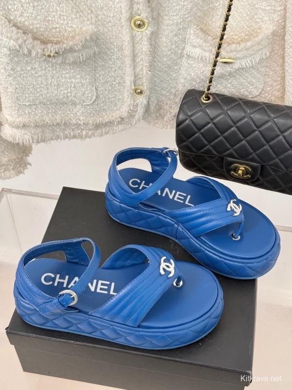 2025 Women Chanel Blue Leather Platform Sandals