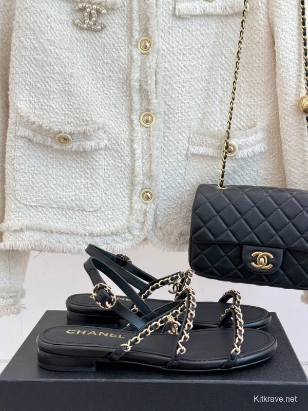 2025 Women Chanel Black Leather Slingback Sandals Chain KFY00270