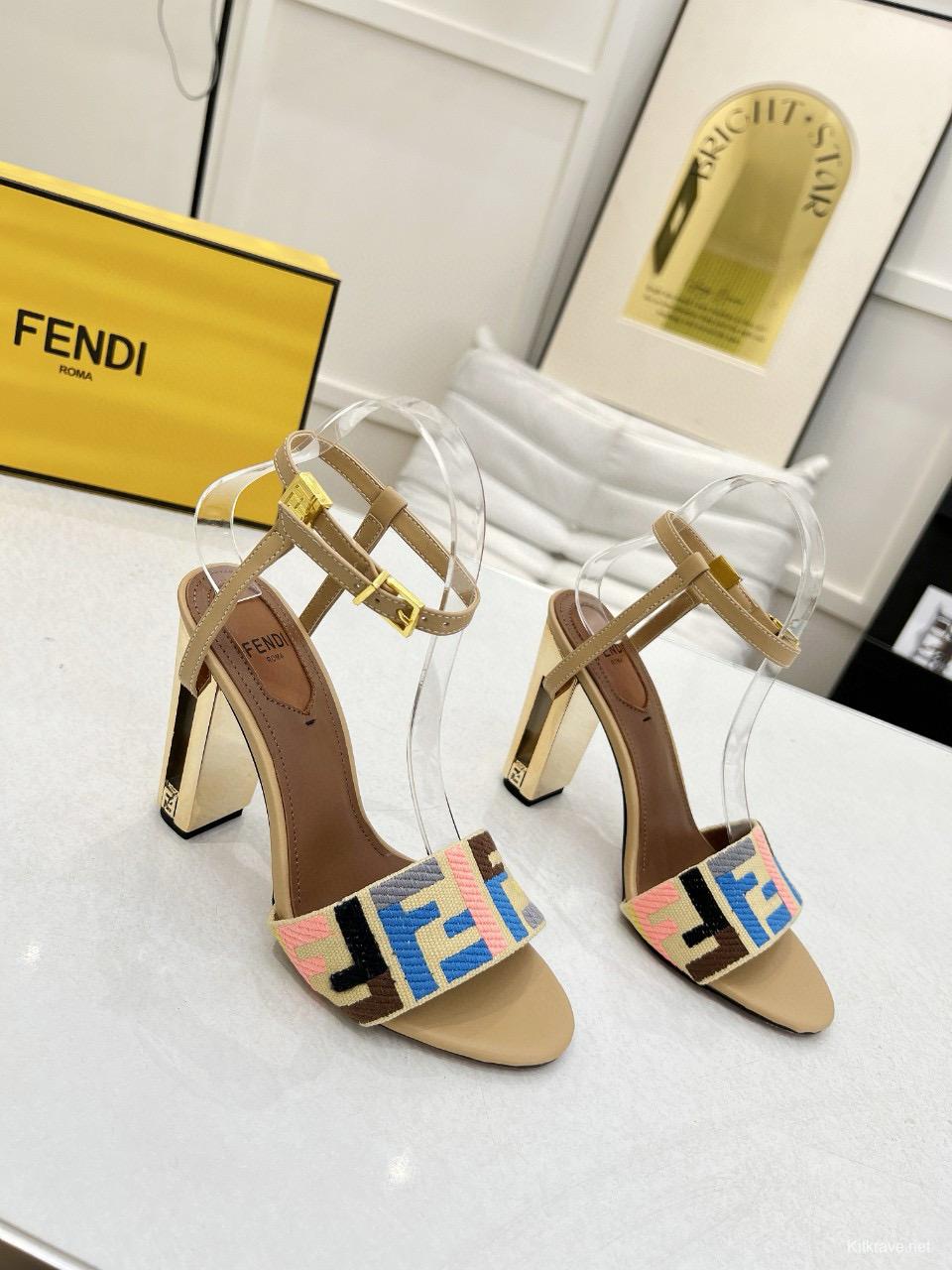 2025 Women Fendi Beige Canvas Leather High Heel Buckle MJ00280