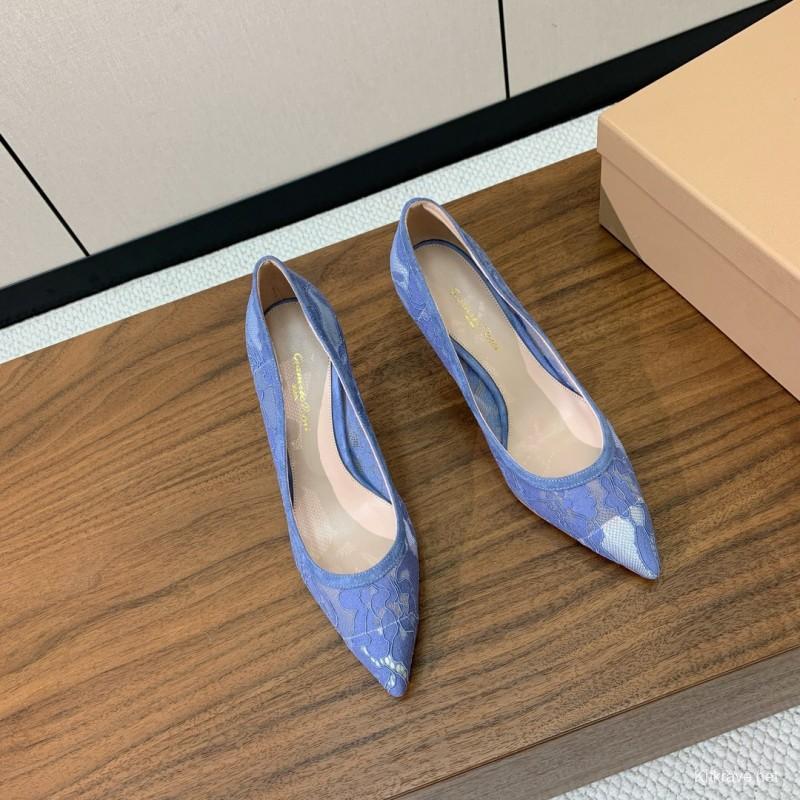 2025 Women Gianvito Rossi Blue Lace Leather Pumps