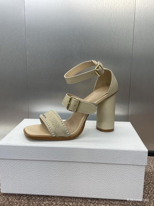 2025 Women Dior Beige Calf Leather Sheepskin Pearl Embroidered High Heel Sandals KFY00320