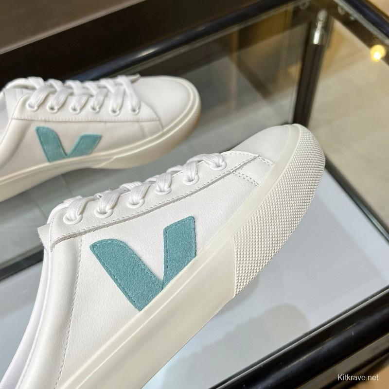 2025 VEJA White Blue Leather Canvas Slip-On Sneakers