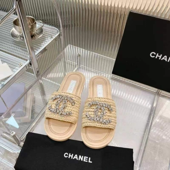 2025 Women Chanel Beige Raffia Crystal Slippers LY00270