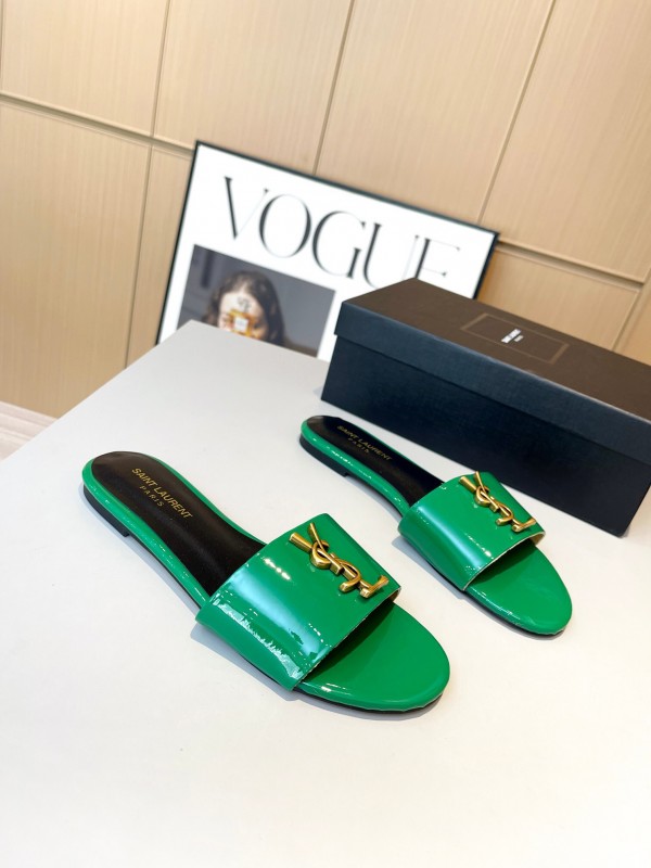 2025 Women Yves Saint Laurent Green Leather Slippers LY00180
