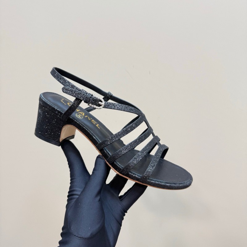 2025 Women Chanel Black Leather Sandals KFY00290