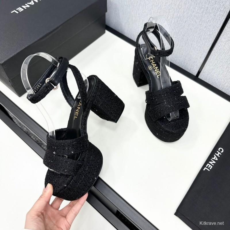 2025 Women Chanel Black Fabric Platform Sandals KFY00310