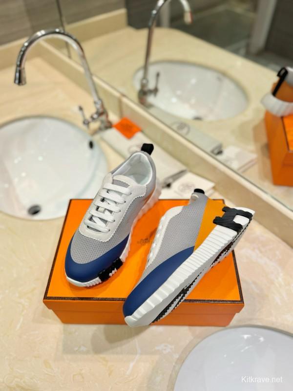 2024 Unisex Hermès Blue Grey Orange Suede Rain Cloth Sneakers MJ00320