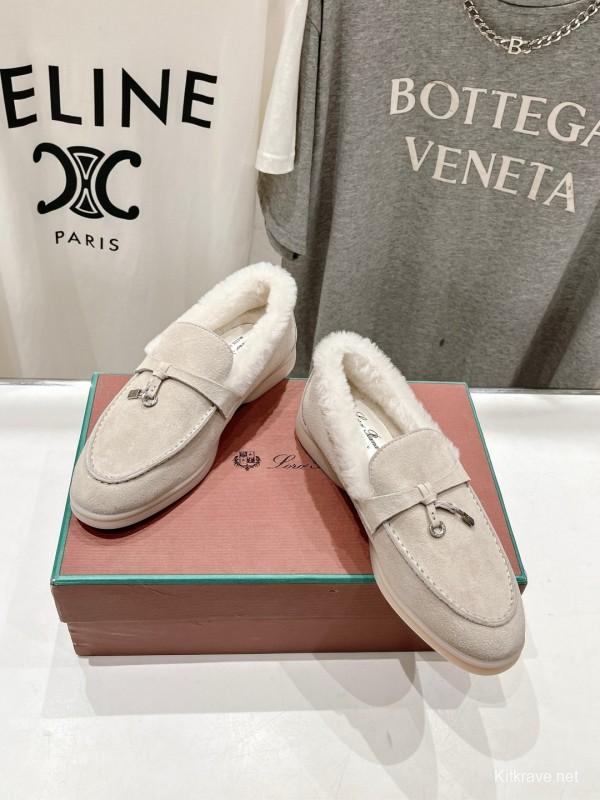 2024 Women LP Beige Suede Loafers Furry Lining MJ00300