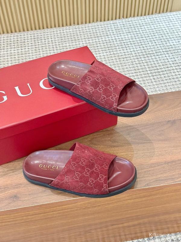 2025 Women Gucci Red Suede Leather Slippers