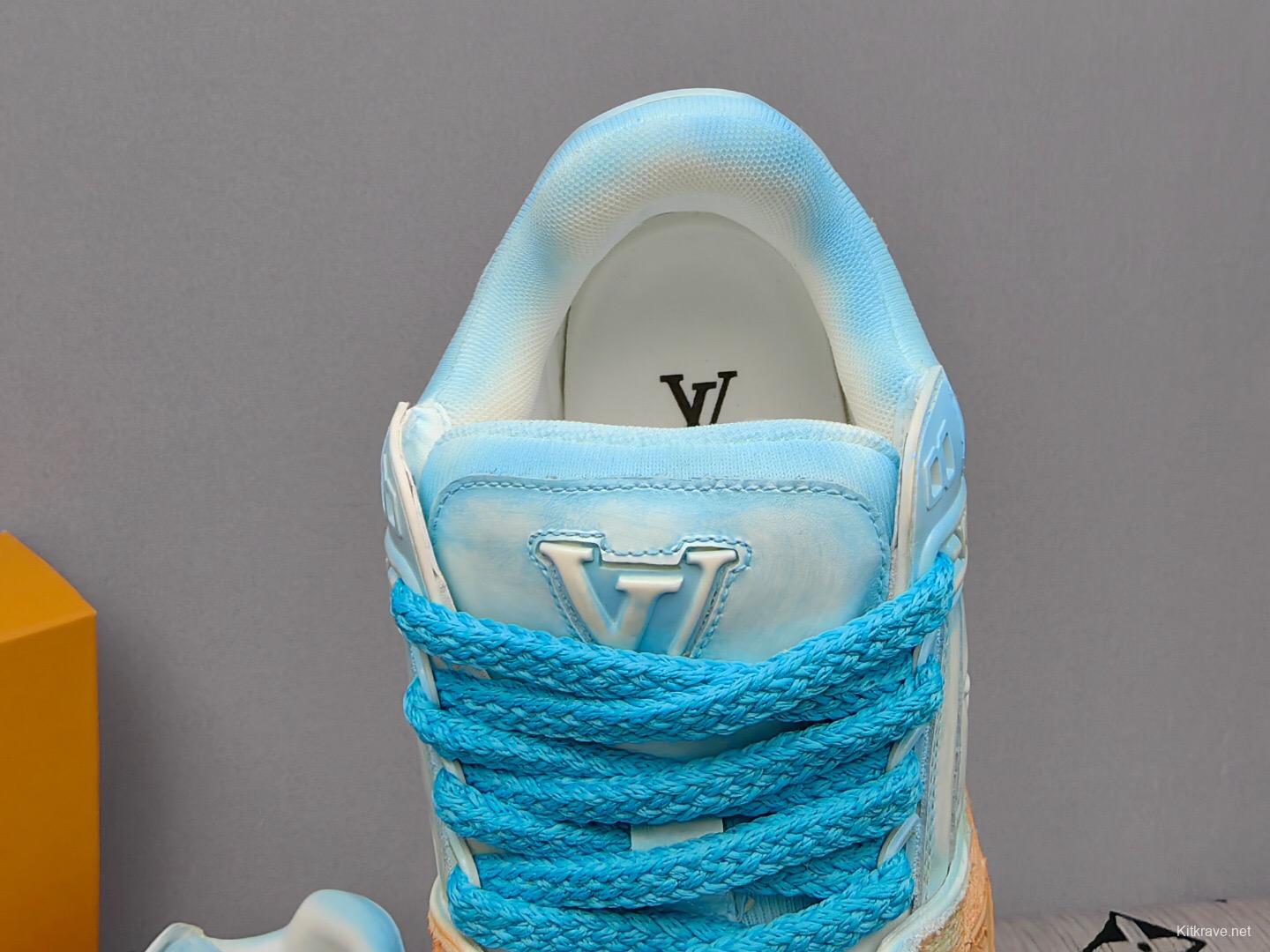 2025 Unisex Louis Vuitton Blue Orange Denim TPU Plimsolls Complex Wash KFY00510