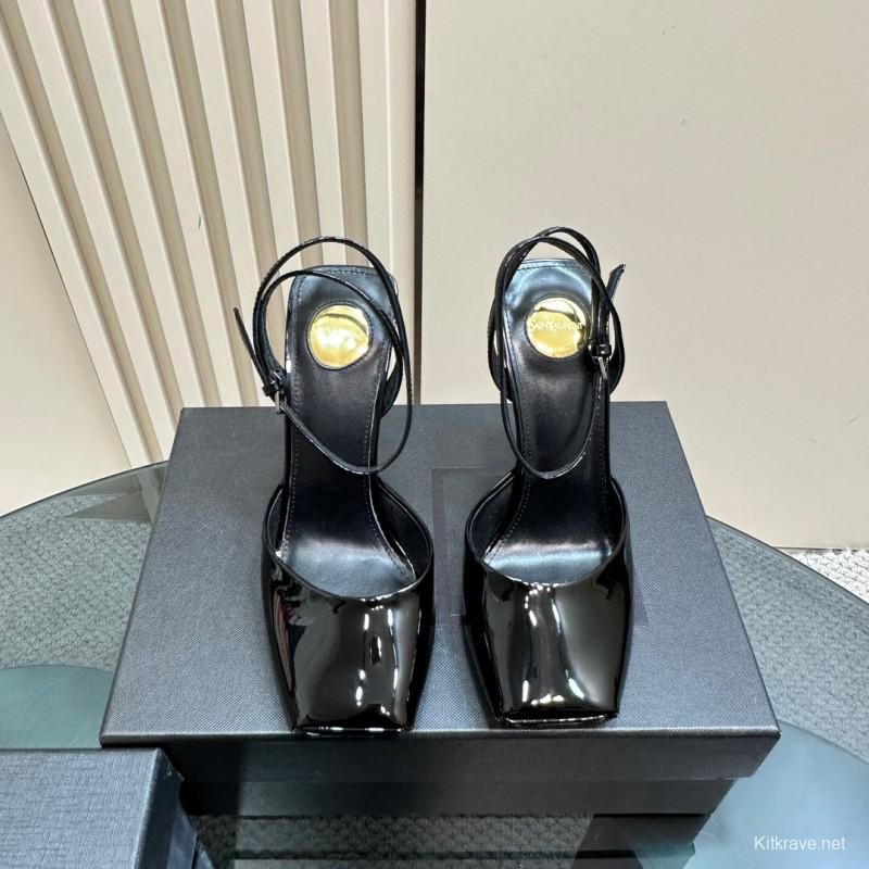 2025 Women Yves Saint Laurent Black Patent Leather High Heel Sandals